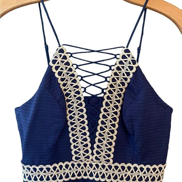 Lilly Pulitzer Sz 00 Navy Blue Gold Embroidery Trista Shift Lace-Up Dress - Picture 4 of 8